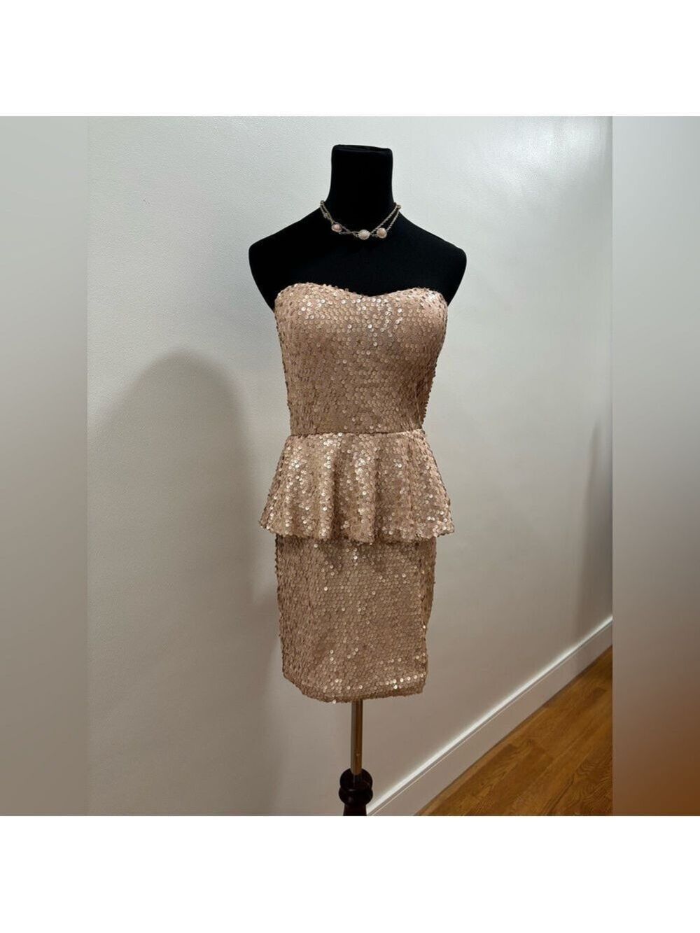 470. As U Wish Strapless Rose Gold Sequin Peplum Dress